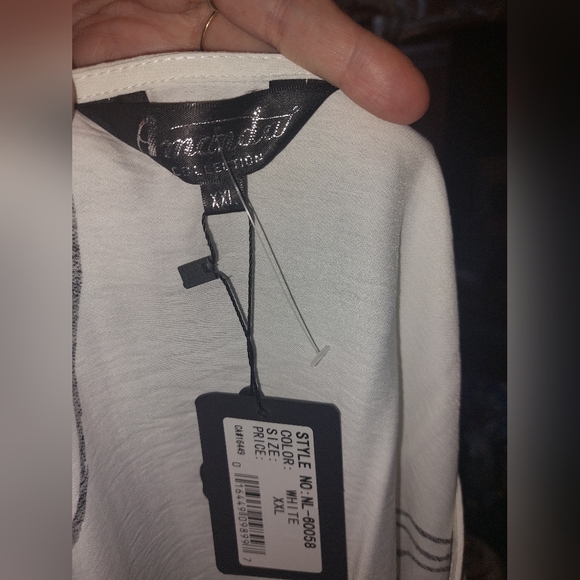 Amanda Collection, Flowy White Dress, with Black Swirl Designs. - Picture 4 of 5